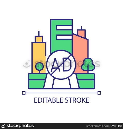 Remove ads from city street RGB color icon. Limit visual advertise in urban area. City design. Isolated vector illustration. Simple filled line drawing. Editable stroke. Arial font used. Remove ads from city street RGB color icon