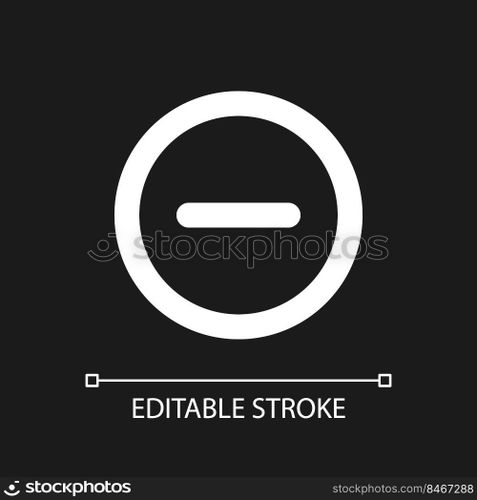 Remove button pixel perfect white linear ui icon for dark theme. Decrease volume. Toolbar. Vector line pictogram. Isolated user interface symbol for night mode. Editable stroke. Arial font used. Remove button pixel perfect white linear ui icon for dark theme
