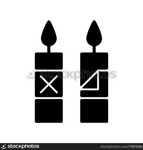 Remove candle packaging before use black glyph manual label icon. Eliminate plastic sleeve around candle. Silhouette symbol on white space. Vector isolated illustration for product use instructions. Remove candle packaging before use black glyph manual label icon