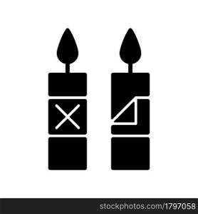 Remove candle packaging before use black glyph manual label icon. Eliminate plastic sleeve around candle. Silhouette symbol on white space. Vector isolated illustration for product use instructions. Remove candle packaging before use black glyph manual label icon