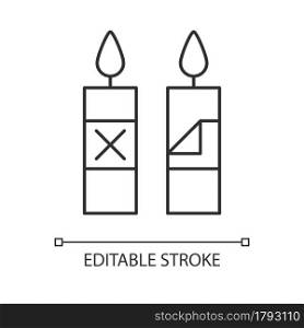 Remove candle packaging before use linear manual label icon. Thin line customizable illustration. Contour symbol. Vector isolated outline drawing for product use instructions. Editable stroke. Remove candle packaging before use linear manual label icon