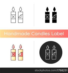 Remove candle packaging before use manual label icon. Eliminating protective plastic sleeve around candle. Linear black and RGB color styles. Isolated vector illustrations for product use instructions. Remove candle packaging before use manual label icon