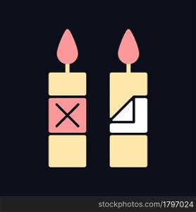 Remove candle packaging before use RGB color manual label icon for dark theme. Isolated vector illustration on night mode background. Simple filled line drawing on black for product use instructions. Remove candle packaging before use RGB color manual label icon for dark theme