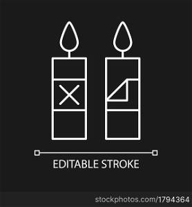 Remove candle wrapping white linear manual label icon for dark theme. Thin line customizable illustration for product use instructions. Isolated vector contour symbol for night mode. Editable stroke. Remove candle wrapping white linear manual label icon for dark theme