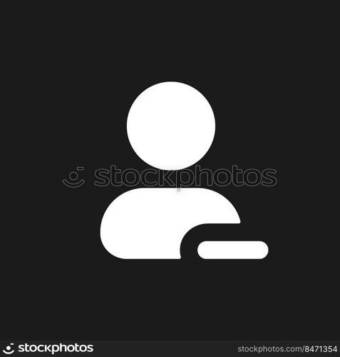Remove contact dark mode glyph ui icon. Delete unwanted user. Address book. User interface design. White silhouette symbol on black space. Solid pictogram for web, mobile. Vector isolated illustration. Remove contact dark mode glyph ui icon