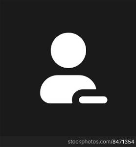 Remove contact dark mode glyph ui icon. Delete unwanted user. Address book. User interface design. White silhouette symbol on black space. Solid pictogram for web, mobile. Vector isolated illustration. Remove contact dark mode glyph ui icon