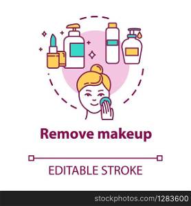 Remove makeup, skin care, hygienic procedure concept icon. Face cleaning step, skin purification idea thin line illustration. Vector isolated outline RGB color drawing. Editable stroke