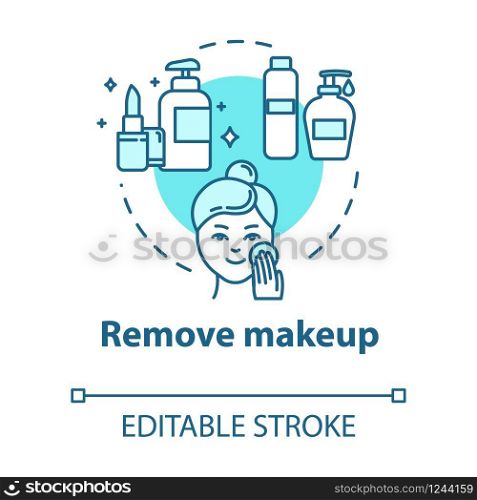 Remove makeup, skin cleansing, hygienic procedure concept icon. Face purification step, dermatology idea thin line illustration. Vector isolated outline RGB color drawing. Editable stroke