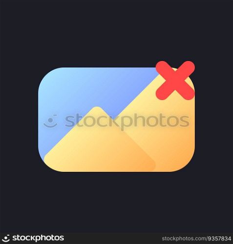 Remove photo file flat gradient fill ui icon for dark theme. Deleting picture. Image and cross mark. Pixel perfect color pictogram. GUI, UX design on black space. Vector isolated RGB illustration. Remove photo file flat gradient fill ui icon for dark theme