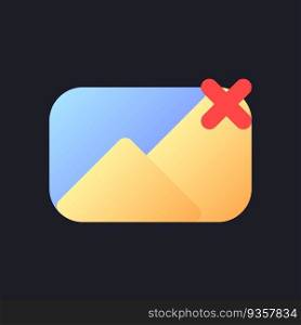 Remove photo file flat gradient fill ui icon for dark theme. Deleting picture. Image and cross mark. Pixel perfect color pictogram. GUI, UX design on black space. Vector isolated RGB illustration. Remove photo file flat gradient fill ui icon for dark theme