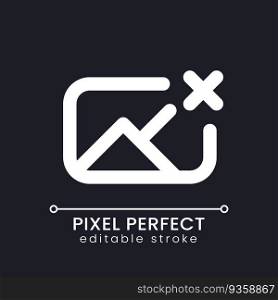 Remove photo file pixel perfect white linear ui icon for dark theme. Deleting picture. Image and cross mark. Vector line pictogram. Isolated user interface symbol for night mode. Editable stroke. Remove photo file pixel perfect white linear ui icon for dark theme