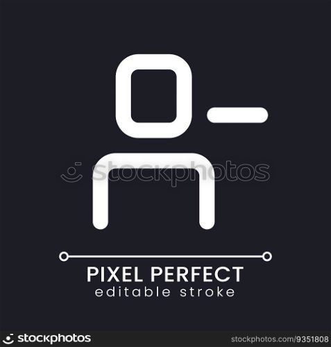 Remove user pixel perfect white linear ui icon for dark theme. Unfriend and ban online. Vector line pictogram. Isolated user interface symbol for night mode. Editable stroke. Poppins font used. Remove user pixel perfect white linear ui icon for dark theme