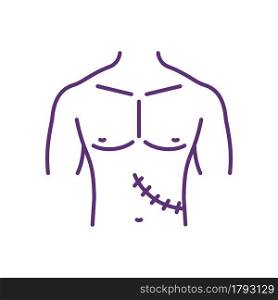 Removed organ aftermath RGB color icon. Surgery recovery. Illicit organ transplant surgery. Body parts and tissues trafficking. Isolated vector illustration. Simple filled line drawing. Removed organ aftermath RGB color icon