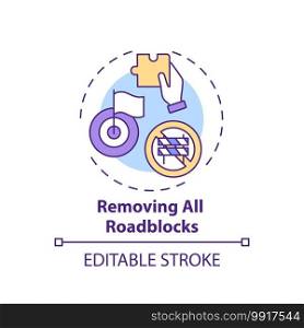 Removing all roadblocks concept icon. Overcoming procrastination tip idea thin line illustration. Setting goals. Not waiting for perfection. Vector isolated outline RGB color drawing. Editable stroke. Removing all roadblocks concept icon