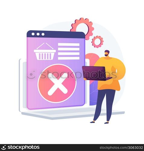 Removing goods from basket, refusing to purchase, changing decision. Item deletion, emptying trash. Online shopping app, laptop user cartoon character. Vector isolated concept metaphor illustration.. Removing goods from basket vector concept metaphor.