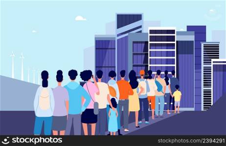 Removing in megapolis. People crowd stand in waiting line for entrance in big city. New way, refugees and opportunities, vector concept. Illustration of queuing crowded in megapolis. Removing in megapolis. People crowd stand in waiting line for entrance in big city. New way, refugees and opportunities, vector concept