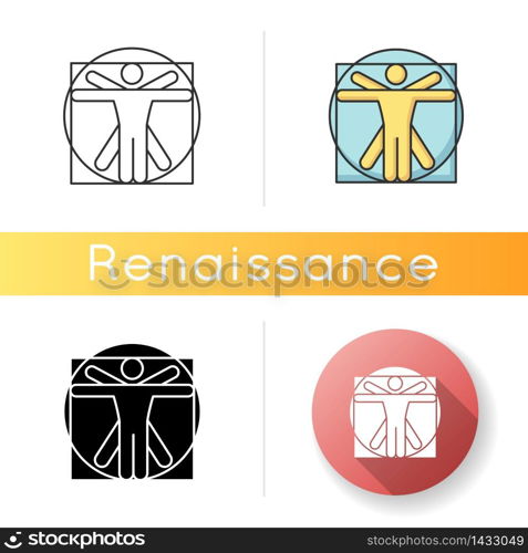 Renaissance art style icon. European cultural movement and history period. Humanism artwork. Body proportions. Linear black and RGB color styles. Isolated vector illustrations. Renaissance art style icon