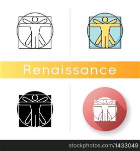 Renaissance art style icon. European cultural movement and history period. Humanism artwork. Body proportions. Linear black and RGB color styles. Isolated vector illustrations. Renaissance art style icon