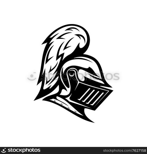 Renaissance helmet isolated medieval royal knight armour monochrome icon. Vector protection and security symbol, metal hero head mask with vizor and plumage. Retro soldier mask, armed spartan gladiator. Crusader head icon isolated medieval knight head