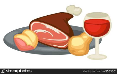 Renaissance traditional food meat leg pear and red wine and drink vector isolated metal plate serving meal cooking and culinary jerked venison hunting and game royal dinner course and grape beverage. Meat leg pear and red wine Renaissance traditional food and drink