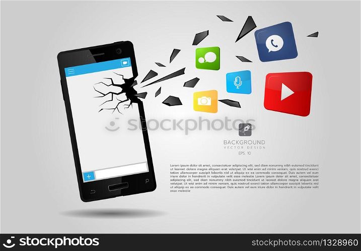 render of apps breaking the screen of an smart phone