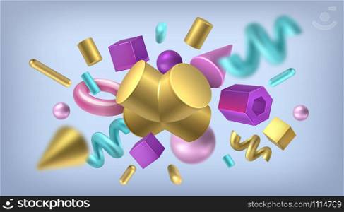 Render shapes background. Isometric golden memphis elements, abstract geometric metal shapes. Vector 3D color rendering symbols, illustration isolated object balls, cone, pyramid, circles in space. Render shapes background. Isometric golden memphis elements, abstract geometric metal shapes. Vector golden render symbols