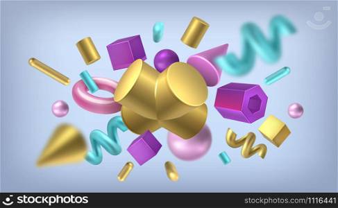 Render shapes background. Isometric golden memphis elements, abstract geometric metal shapes. Vector 3D color rendering symbols, illustration isolated object balls, cone, pyramid, circles in space. Render shapes background. Isometric golden memphis elements, abstract geometric metal shapes. Vector golden render symbols