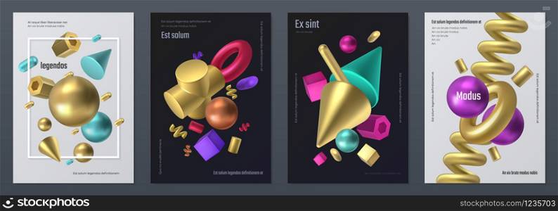Render shapes poster. Realistic 3D geometry shapes, minimal flyer with abstract isometric elements. Vector render metal figures, illustration set element various shapes. Render shapes poster. Realistic 3D geometry shapes, minimal flyer with abstract isometric elements. Vector render metal figures