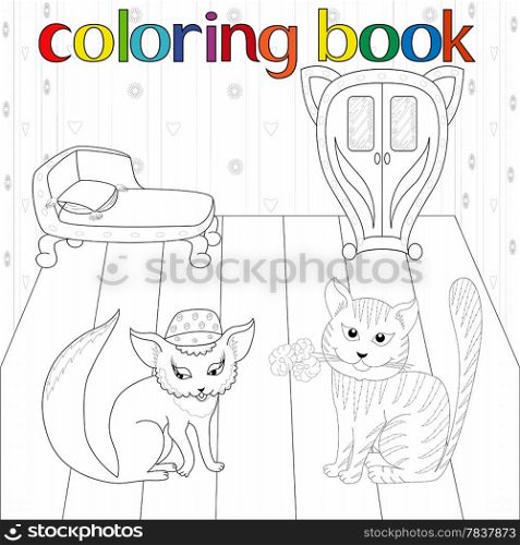 Rendezvous of cat and pussy for coloring book. Valentines motif hand drawing cartoon vector illustration. Cat and pussy in room for coloring book