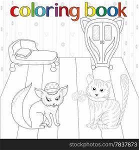 Rendezvous of cat and pussy for coloring book. Valentines motif hand drawing cartoon vector illustration. Cat and pussy in room for coloring book