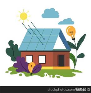 Renewable and alternative energy production. Isolated home with solar panels accumulating natural power and getting resources. Eco friendly way of leaving, small impact. Vector in flat style. Solar energy, renewable alternative energy vector