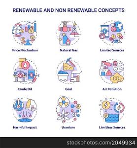 Renewable and non renewable energy icons set. Types of power resources idea thin line color illustrations. Isolated outline drawings. Editable stroke. Roboto-Medium, Myriad Pro-Bold fonts used. Renewable and non renewable energy icons set