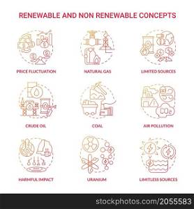 Renewable and non renewable energy red gradient icons set. Types of power resources idea thin line color illustrations. Isolated outline drawings. Roboto-Medium, Myriad Pro-Bold fonts used. Renewable and non renewable energy red gradient icons set