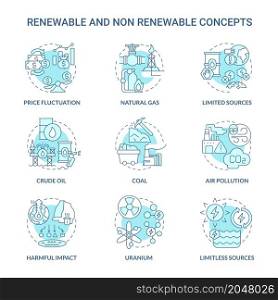 Renewable and non renewable energy turquoise blue icons set. Types of sources idea thin line color illustrations. Isolated outline drawings. Editable stroke. Roboto-Medium, Myriad Pro-Bold fonts used. Renewable and non renewable energy turquoise blue icons set