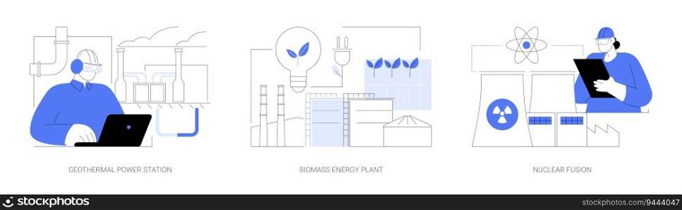 Renewable energy abstract concept vector illustration set. Engineer working at geothermal power station, biomass energy plant, nuclear fusion, sustainable technology abstract metaphor.. Renewable energy abstract concept vector illustrations.