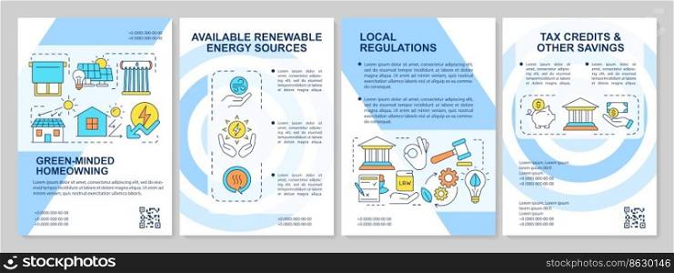 Renewable energy at home blue brochure template. Eco power. Leaflet design with linear icons. Editable 4 vector layouts for presentation, annual reports. Arial, Myriad Pro-Regular fonts used. Renewable energy at home blue brochure template