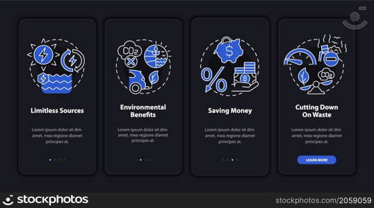 Renewable energy benefits onboarding mobile app page screen. Nature walkthrough 4 steps graphic instructions with linear concepts. UI, UX, GUI template. Night mode. Myriad Pro-Bold, Regular fonts used. Renewable energy benefits onboarding mobile app page screen