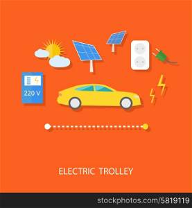 Renewable energy concept for electric car with solar panel, battery, socket and plug flat design