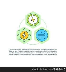 Renewable energy concept icon with text. Clean energy. Enironmental resposibility. Global warming. PPT page vector template. Brochure, magazine, booklet design element with linear illustrations. Renewable energy concept icon with text