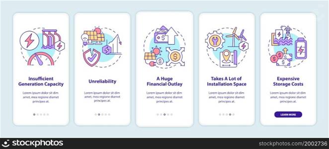Renewable energy disadvantages onboarding mobile app page screen. Financial outlay walkthrough 5 steps graphic instructions with concepts. UI, UX, GUI vector template with linear color illustrations. Renewable energy disadvantages onboarding mobile app page screen