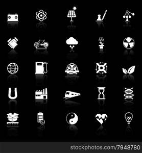 Renewable energy icons with reflect on black background, stock vector