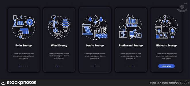 Renewable energy onboarding mobile app page screen. Power walkthrough 5 steps graphic instructions with linear concepts. UI, UX, GUI template. Night mode. Myriad Pro-Bold, Regular fonts used. Renewable energy onboarding mobile app page screen