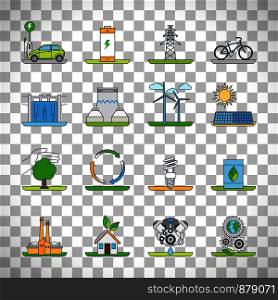 Renewable energy outline icons and green technology thin line icons vector set isolated on transparent background. Renewable energy outline icons