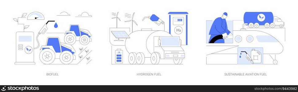 Renewable fuels abstract concept vector illustration set. Biofuel for agricultural tractors, truck filled with hydrogen fuel, sustainable aviation eco-friendly filling station abstract metaphor.. Renewable fuels abstract concept vector illustrations.