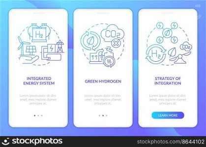 Renewable h2 blue gradient onboarding mobile app screen. Green fuel energy walkthrough 3 steps graphic instructions with linear concepts. UI, UX, GUI template. Myriad Pro-Bold, Pro-Regular fonts used. Renewable h2 blue gradient onboarding mobile app screen