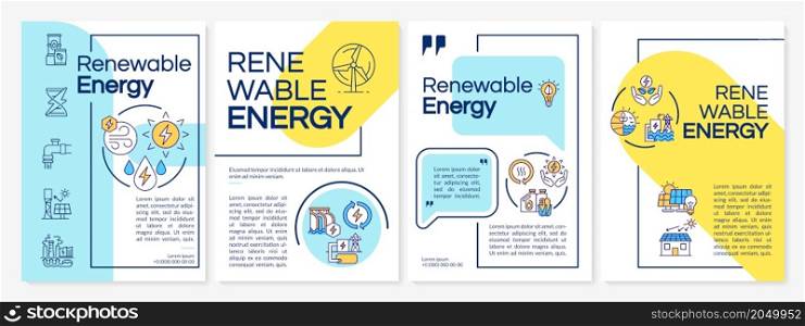 Renewable sources brochure template. Green energy. Booklet print design with linear icons. Vector layouts for presentation, annual reports, advertisement. Questrial-Regular, Lato-Regular fonts used. Renewable sources brochure template