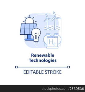 Renewable technologies blue light concept icon. Efficient energy planning abstract idea thin line illustration. Isolated outline drawing. Editable stroke. Arial, Myriad Pro-Bold fonts used. Renewable technologies blue light concept icon