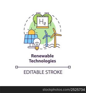 Renewable technologies concept icon. Efficient energy planning abstract idea thin line illustration. Sustainable sources. Isolated outline drawing. Editable stroke. Arial, Myriad Pro-Bold fonts used. Renewable technologies concept icon