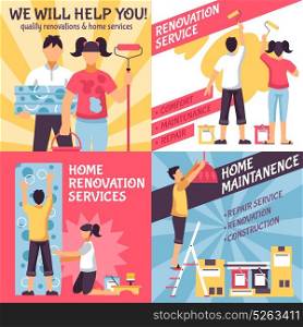 Renovation Advertising Compositions Set. Renovation design concept with four retro style compositions with text and male female home improvement crew vector illustration