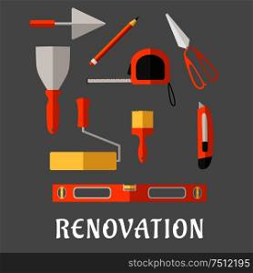 Renovation and construction tools flat icons with pencil, roulette and trowel, spatula, paint roller and brush, scissor, utility knife and spirit level. Construction and renovation tools flat icons